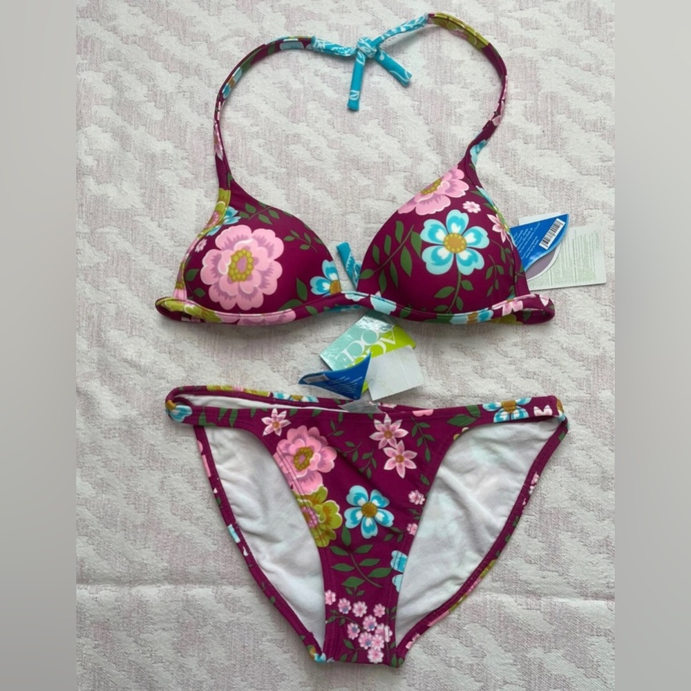 Agua Doce Brazilian Bikini Set Floral Print Lace Up Bra Sz Medium